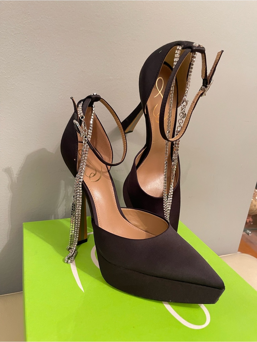 Andie Sam Edelman Black Satin Pointed Toe Crystal-Trim High Heels Size 8.5